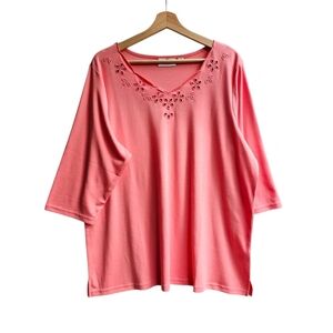 Quacker Factory T-Shirt Top in Peach Pink with Cutouts and Rhinestones, Size 1X